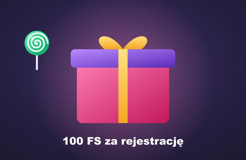 Różowy prezent i napis 100 FS za rejestrację – bonusy powitalne Candy Casino