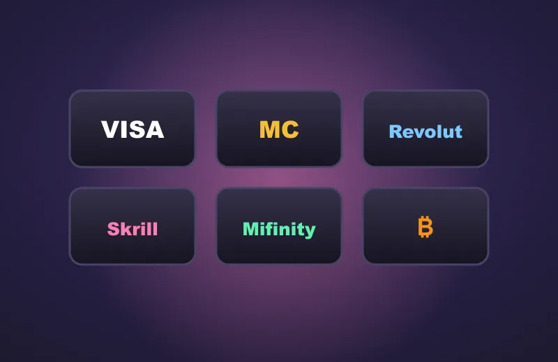 Kafelki metod płatności Visa, Revolut, Skrill, Mifinity i Bitcoin – kasa Candy Casino